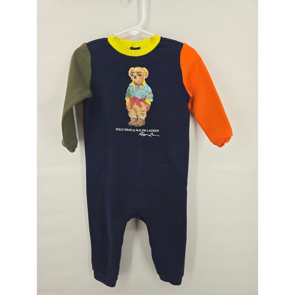 Polo Ralph Lauren Kids Polo Bear Colorblock Fleece Coverall Navy 18M Romper